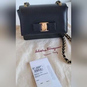 Salvatore Ferragamo Small Mini Black Bow Purse Gold Chain LIKE NEW